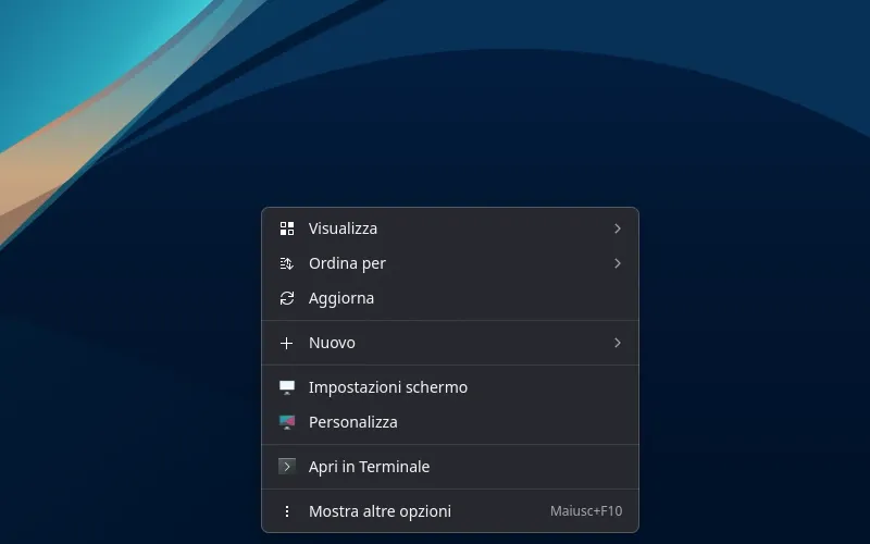 The desktop context menu, with View, Sort by, Refresh, New, display settings, Personalize and Open in Terminal.
