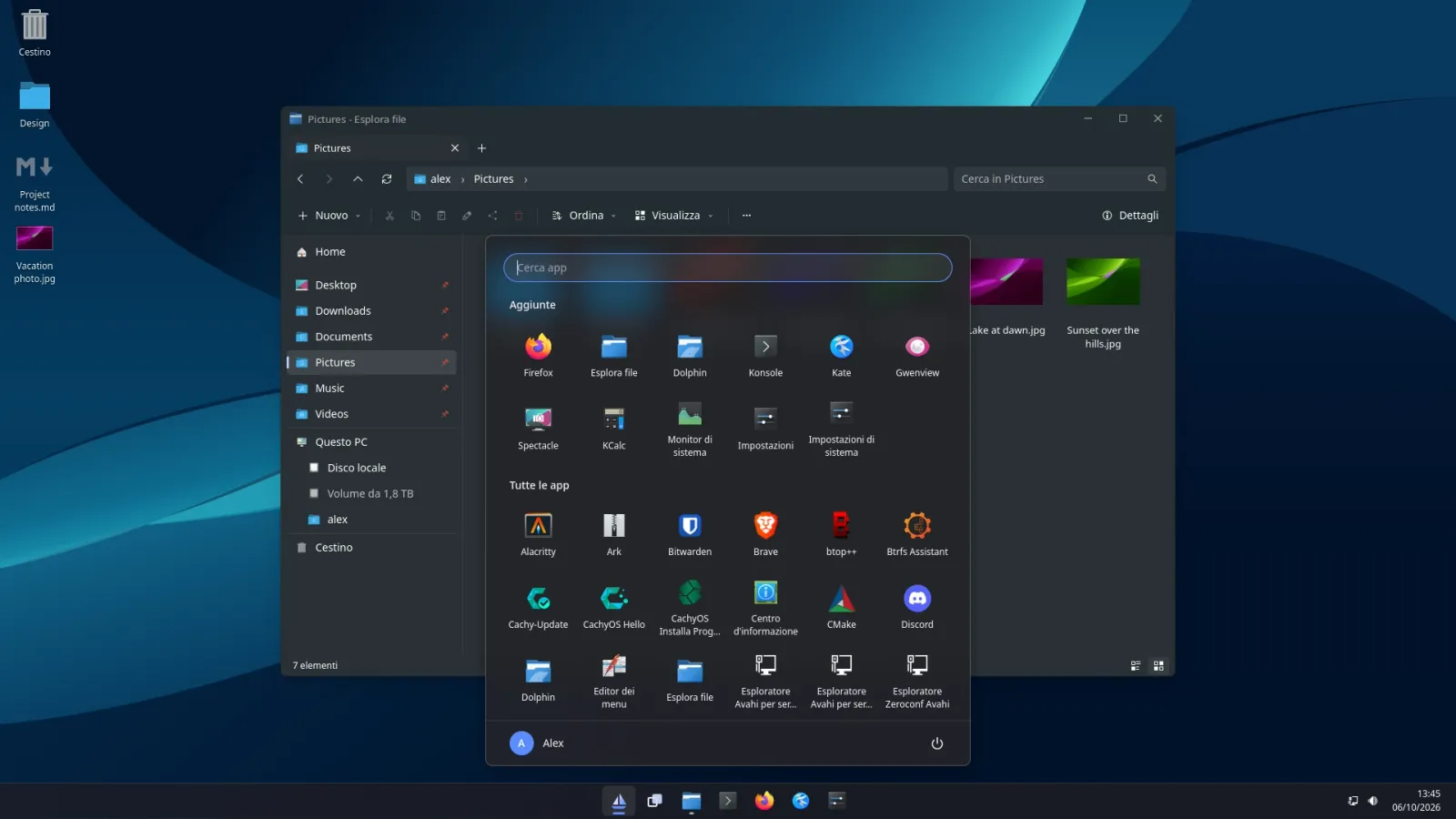 The Vela desktop: the Start menu, with app search and pinned apps, open over the Files window, above a centered taskbar.