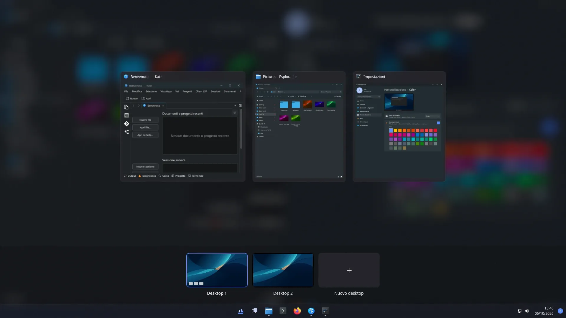 Task View: previews of three windows above a row of two virtual desktops and a button to add a new one.